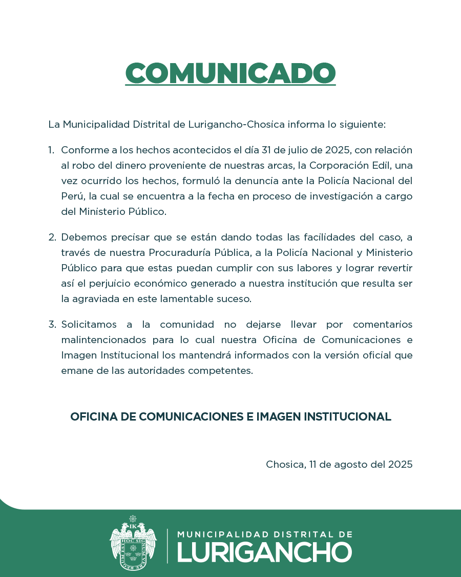 📣 𝗖𝗼𝗺𝘂𝗻𝗶𝗰𝗮𝗱𝗼 | La Municipalidad de Lurigancho-Chosica pone de conocimiento público lo siguiente: