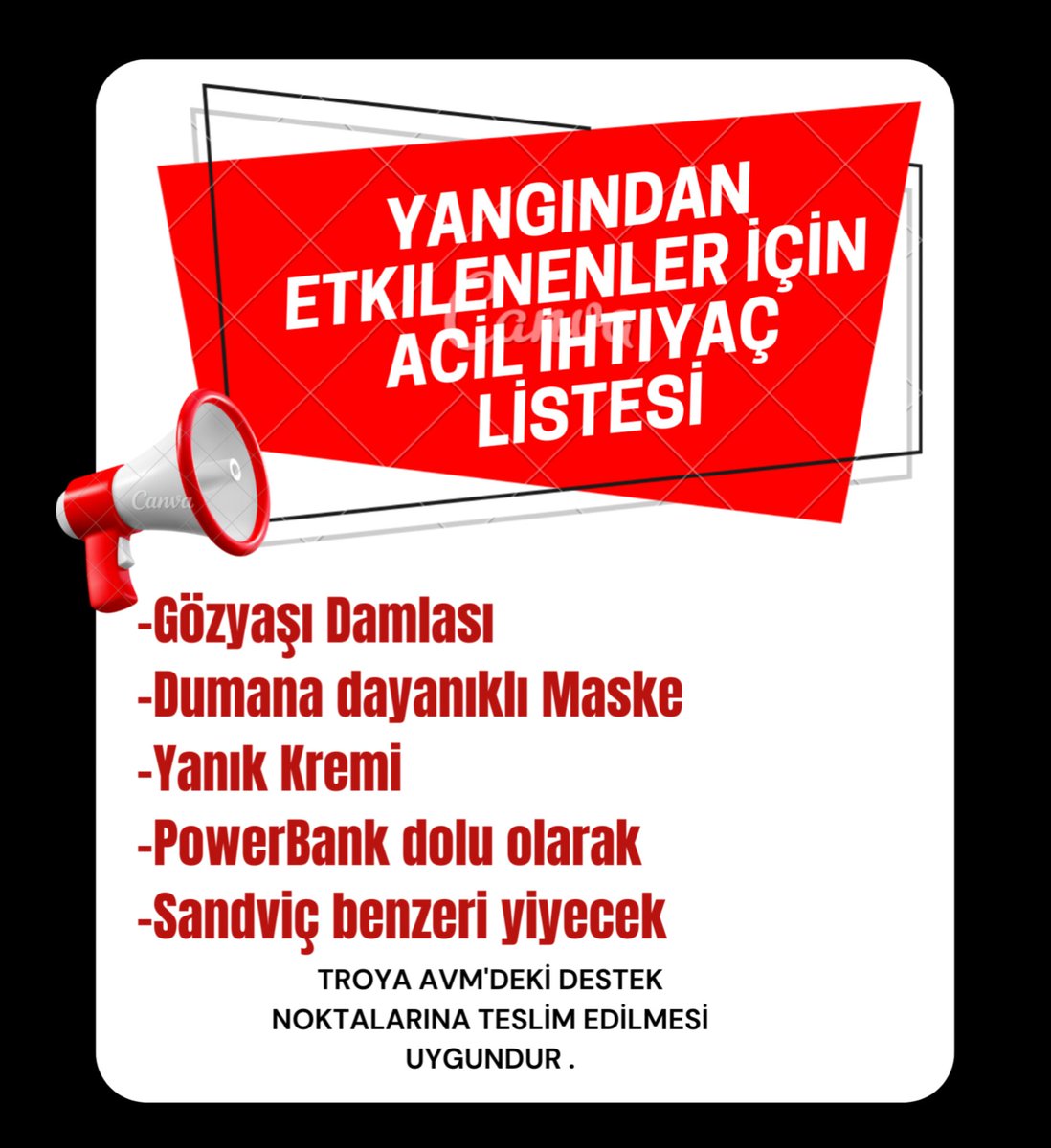 Çanakkale zor bir gece geçiriyor. 
Sahada herkes dayanışma içinde elinden geleni yapmaya çalışıyor. 
Bizler de bu dayanışmaya katkı sunmak adına bu eksiklerin giderilmesine destek olabiliriz.
#CANAKKALEYANIYOR