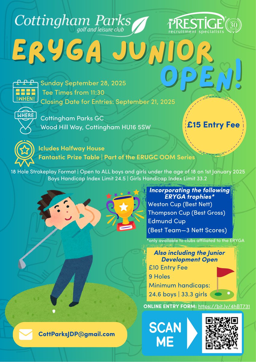 The <a href="/CottinghamParks/">Cottingham Parks</a> Junior Open &amp; Development Open, sponsored by <a href="/Prestige_Job/">Prestige Recruitment</a> take place on Sunday 28th September!  Enter here bit.ly/4hBT731 Incorporating the <a href="/erugc/">ERUGC</a> OOM &amp; ERYGA trophies. <a href="/EnglandGolf/">England Golf</a> <a href="/YUGCUK/">Yorkshire Golf</a> <a href="/YORKSHIREGOLFER/">YORKSHIRE GOLFER MAG</a> <a href="/PikeHillsGC/">Pike Hills Golf Club</a> <a href="/hullgcpros/">Hull Golf Club</a> <a href="/burstwickgolf/">Burstwick CG</a>