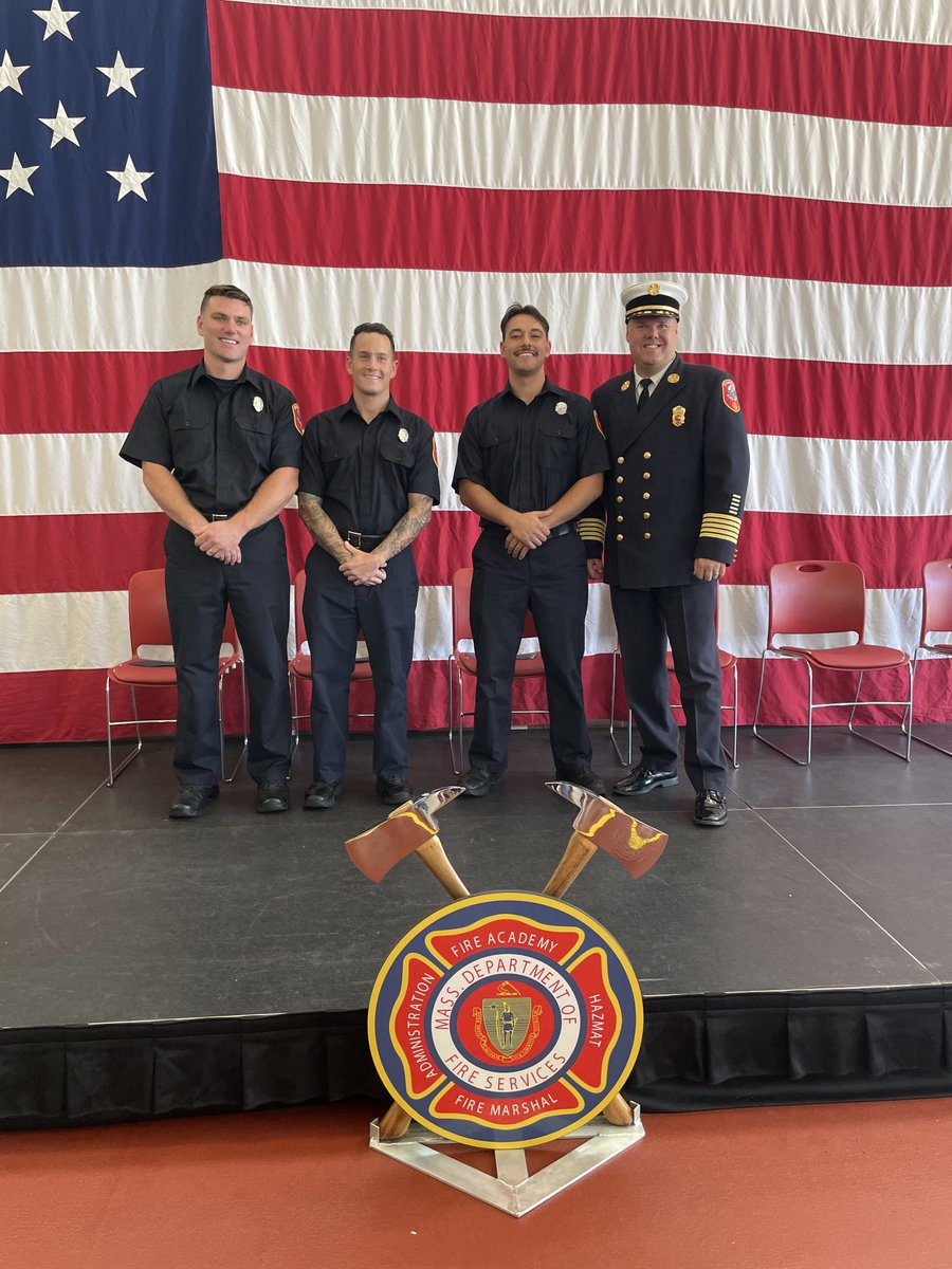Our 3 newest firefighters graduated the Massachusetts Firefighting Academy Class #331 last Friday.  Congratulations FF Connor Duffy, FF Dylan Geer, and FF Nick DelTrecco.