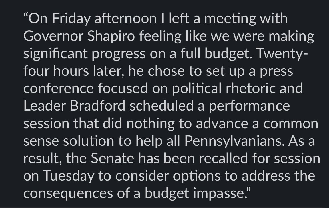 Gillian McGoldrick (@gill_mcgoldrick) on Twitter photo My dear Pennsylvania state budget watchers… we’ve got some updates.
Senate Majority Leader Joe Pittman said in his latest statement he left talks with Gov. Josh Shapiro on Friday “like we were making significant progress on a full budget.” 
1/3 My dear Pennsylvania state budget watchers… we’ve got some updates.
Senate Majority Leader Joe Pittman said in his latest statement he left talks with Gov. Josh Shapiro on Friday “like we were making significant progress on a full budget.” 
1/3