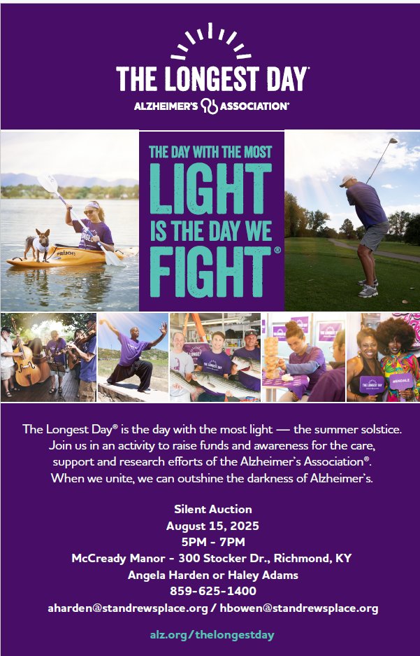 Join McCready Manor for a special auction supporting #TheLongestDay!
⏲️5-7 p.m., Aug. 15
📍300 Stocker Dr, Richmond, Ky
Every bid brings us closer to a world without Alzheimer's! Can't make it? Contribute here:
act.alz.org/site/TR;jsessi…...