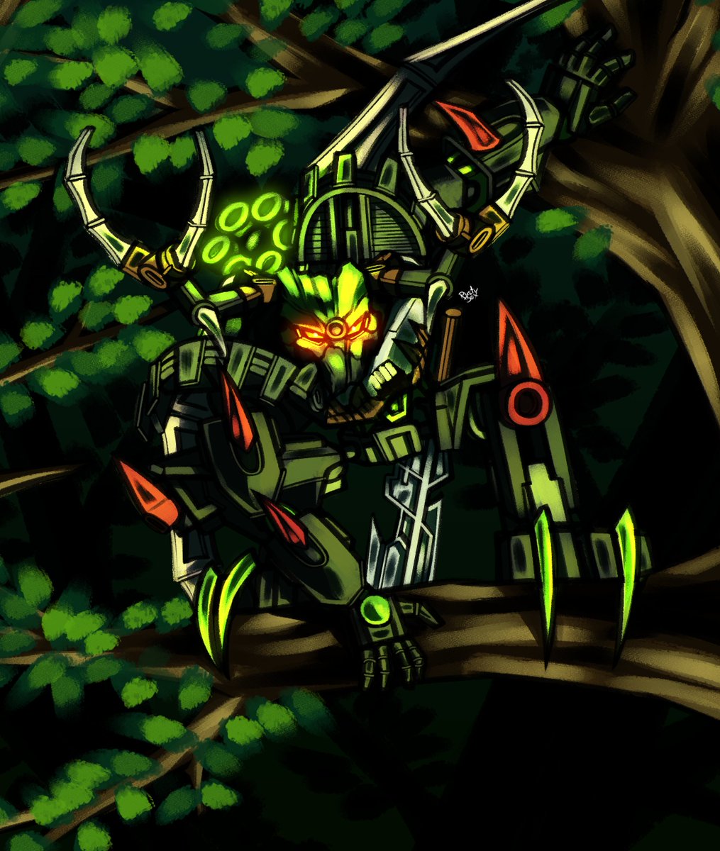 A nice and quick Umarak doodle, hiding among the trees, on the lookout for his next prey!

#810NICLEDay is still going so I plan to have at least one more for tomorrow, going back to some 2005 characters.

#Bionicle #bioniclefanart #lego #umarak #hunter #fanart #art #digitalart