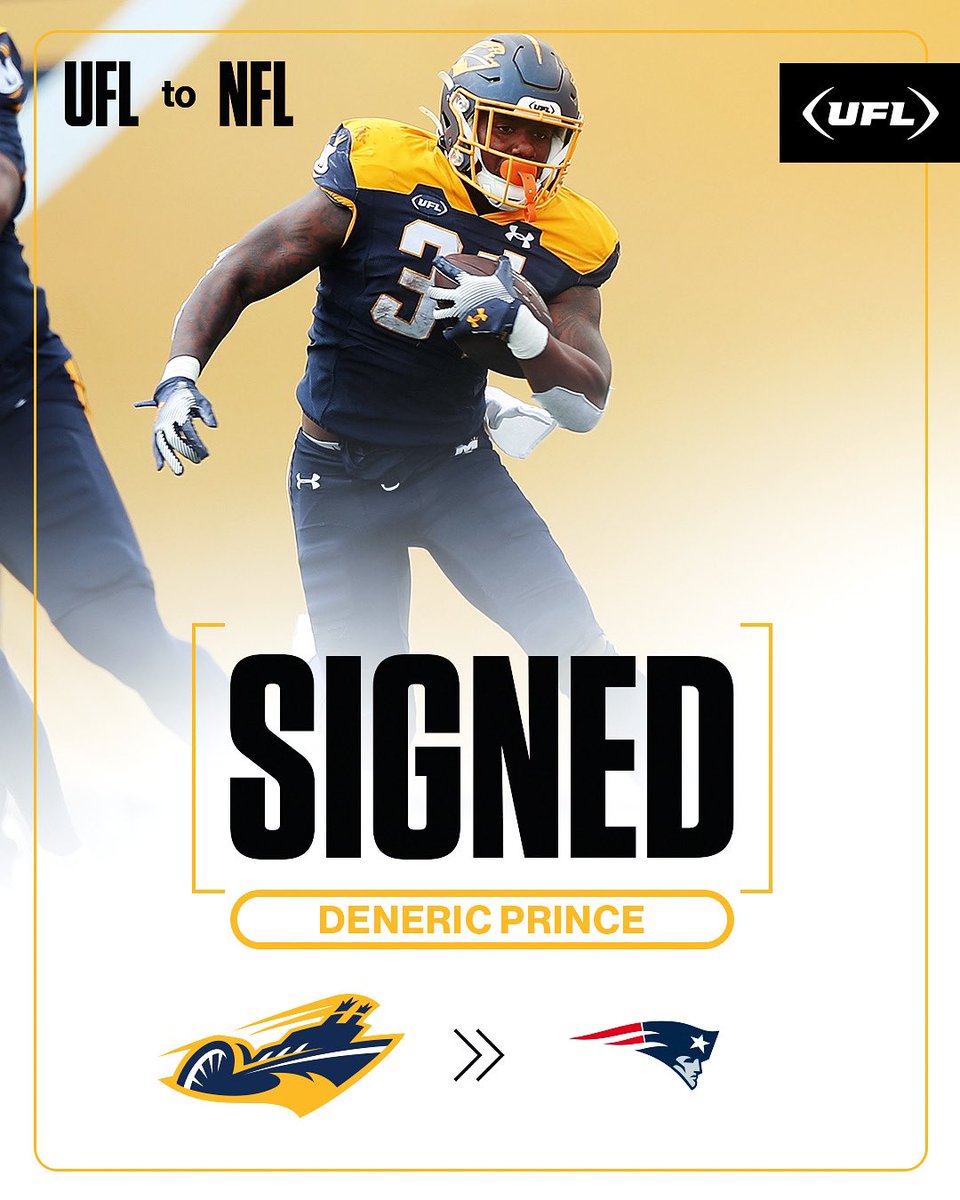 United Football League (@theufl) on Twitter photo Memphis ➡️ New England
RB Deneric Prince officially signs with the <a href="/Patriots/">New England Patriots</a>
#UFLtoNFL Memphis ➡️ New England
RB Deneric Prince officially signs with the <a href="/Patriots/">New England Patriots</a>
#UFLtoNFL