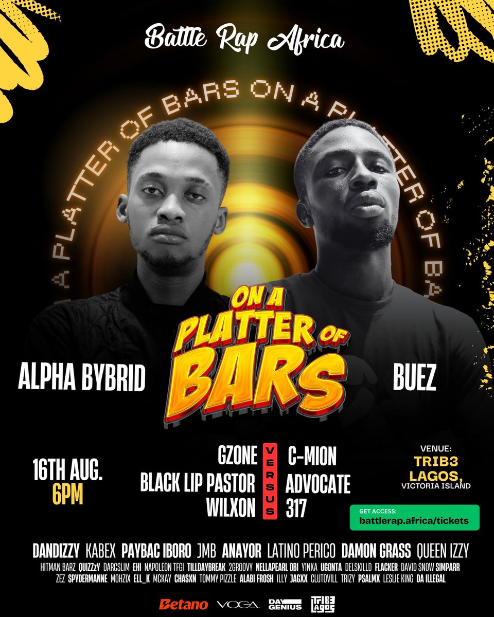 ON A PLATTER OF BARS 2.0 

SATURDAY 16TH AUGUST 2025 
TIME: 6PM 

GET YOUR TICKETS: 
battlerap.africa/tickets
TABLE FOR 4 N150,000
REGULAR N10,000