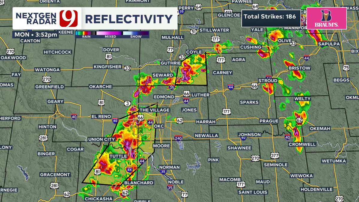 3:53 PM SEVERE STORM UPDATE: Heavy to storms with gusts to 60 mph and quarter sized hail are moving thru the OKC Metro extending from Deer Creek of Edmond to Bethany to Blanchard. Moving NE at 20 mph.