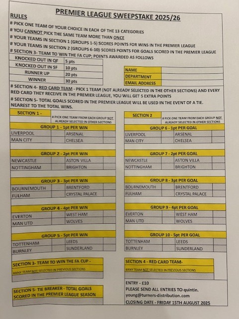 Quintin01Young's tweet photo. Hi Everyone,
With the Premier League kicking off this Friday, I will be running my annual Premier League sweepstakes again.
The sweepstake is open to everyone, friends and family are more than welcome to pit their wits against us and join the fun. 
The sign up form are attached https://t.co/1SAgWoDqzV