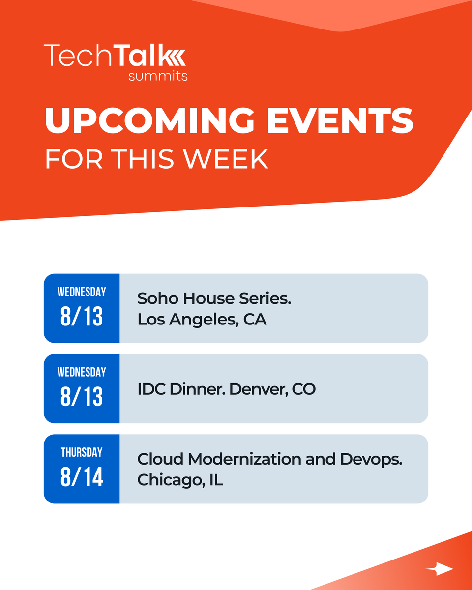 techtalksummits's tweet image. Good Afternoon from #TechTalkSummits! Coming up this week:

Wednesday 8/13 - Soho House Series - Los Angeles, CA
Wednesday 8/13 - IDC Dinner - Denver, CO
Thursday 8/14 - Cloud Modernization and Devops - Chicago, IL
Thursday 8/14 - Angels Envy Distillery - Louisville, KY
Thursday…