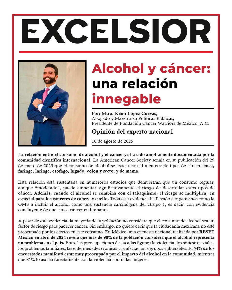 gonzalolopezcu's tweet photo. 🙏 Agradecido con el periódico @Excelsior por publicar mi artículo “#Alcohol y #cáncer: una relación innegable”, visibilizando evidencia científica y respaldo ciudadano para actuar de inmediato.

📌 5 claves del artículo:

🍷 Evidencia: El alcohol está vinculado con al menos 7 tipos de cáncer; incluso en consumo “moderado” aumenta el riesgo.
📊 Percepción: 90% de la población en #México lo ve como problema.
📈 Solución: La @WHO señala que subir impuestos al alcohol es la medida más efectiva para reducir daños.
🌏 Ejemplo: #Filipinas financió 85% de su cobertura universal de #salud al duplicar el precio de bebidas de bajo costo.
💪 Prevención: Evitar un caso de cáncer ligado al alcohol significa ahorro en salud y vidas protegidas. 

Liga directa: https://t.co/eLihvDvJqv