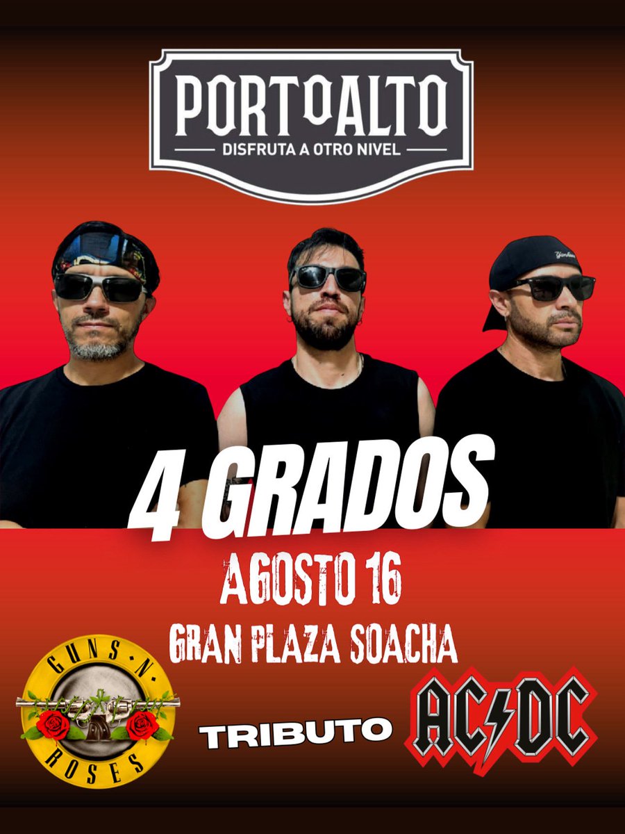4GradosOficial's tweet photo. Este sábado 16 vamos a tocar el tributo a 

GUNS N’ ROSES &amp; AC/DC 

en PORTO ALTO PUB sede Soacha en el C.C. Gran Plaza Soacha, 8pm. 

ENTRADA GRATIS.

@PortoAltoPub 
@4Gradosoficial https://t.co/D7BpOOI5VL