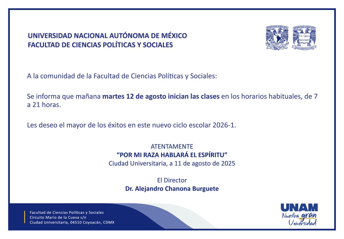 A la comunidad de la Facultad de Ciencias Políticas y Sociales: