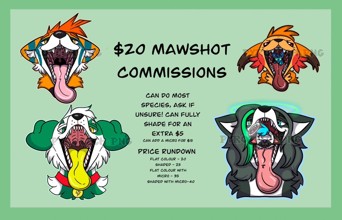 squeakycryptids's tweet photo. Gonna see if anyone is interested here since I’ve seen some maw/vore YCHs sell here

$20 USD MAWSHOTS! See pricing details in image! Can do most species! https://t.co/brJWcgHqTk