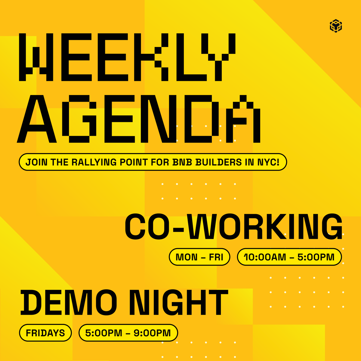 BNBCHAIN's tweet photo. Building solo is good, Building together is better.

The #BuilderBunker in NYC is your space to connect, collaborate, and ship.

Coworking all week + Demo Night Fridays this week 👇
https://t.co/5dK4QYwFLL https://t.co/30wqShCibt