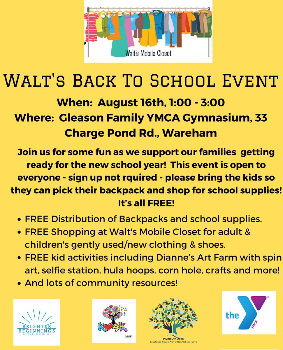 Join Walt's Mobile Closet THIS SATURDAY at Gleason Family YMCA for FREE back to school shopping - free backpacks, school supplies, clothes, and activites!

If you have questions, email waltsmobilecloset@gmail.com