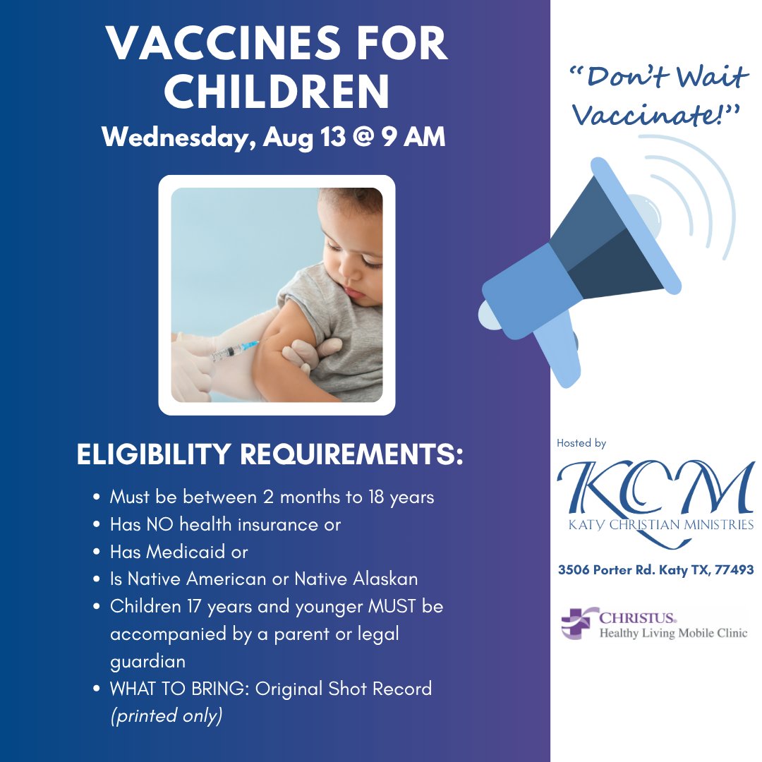 📢 Free Vaccines for Children! 📢
Mark your calendars for Wednesday, August 13 at 9 AM — it's time to protect your kids with essential vaccines!
#KatyTX #VaccinesForChildren #CommunityHealth #DontWaitVaccinate #KatyChristianMinistries