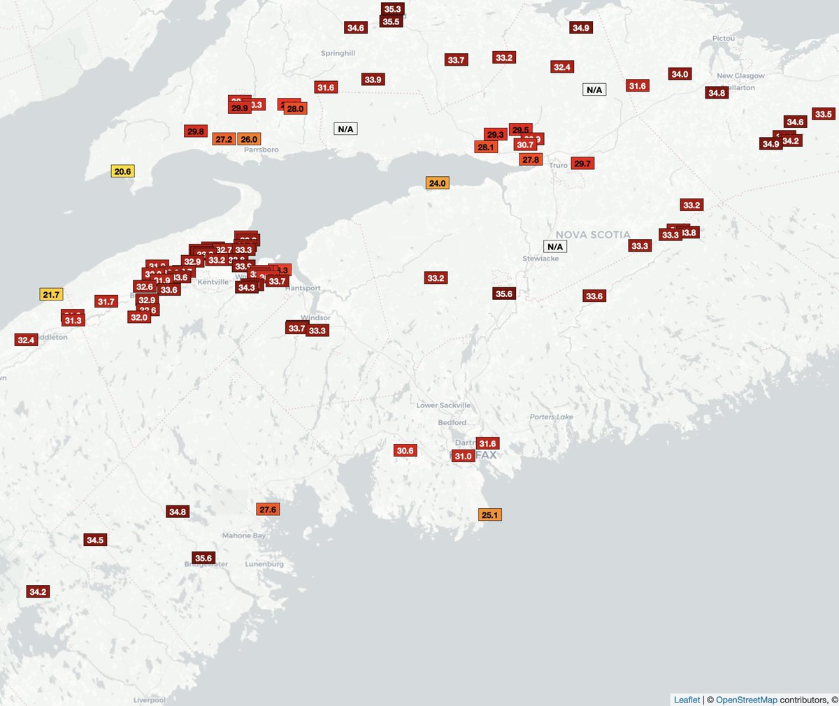 Exceptional temperatures in Nova Scotia today #nswx 

37.1°C South Ingonish Harbour
36.2°C Ingonish Beach (XIB)
35.8°C Upper Stewiacke (AOH)
35.6°C Bridgewater
35.6°C Hardwood Lands
35.5°C Oxford
35.2°C Antigonish
34.9°C Ingonish
34.7°C Kejimkujik Park (WKG)
34.3°C Tracadie (XTD)