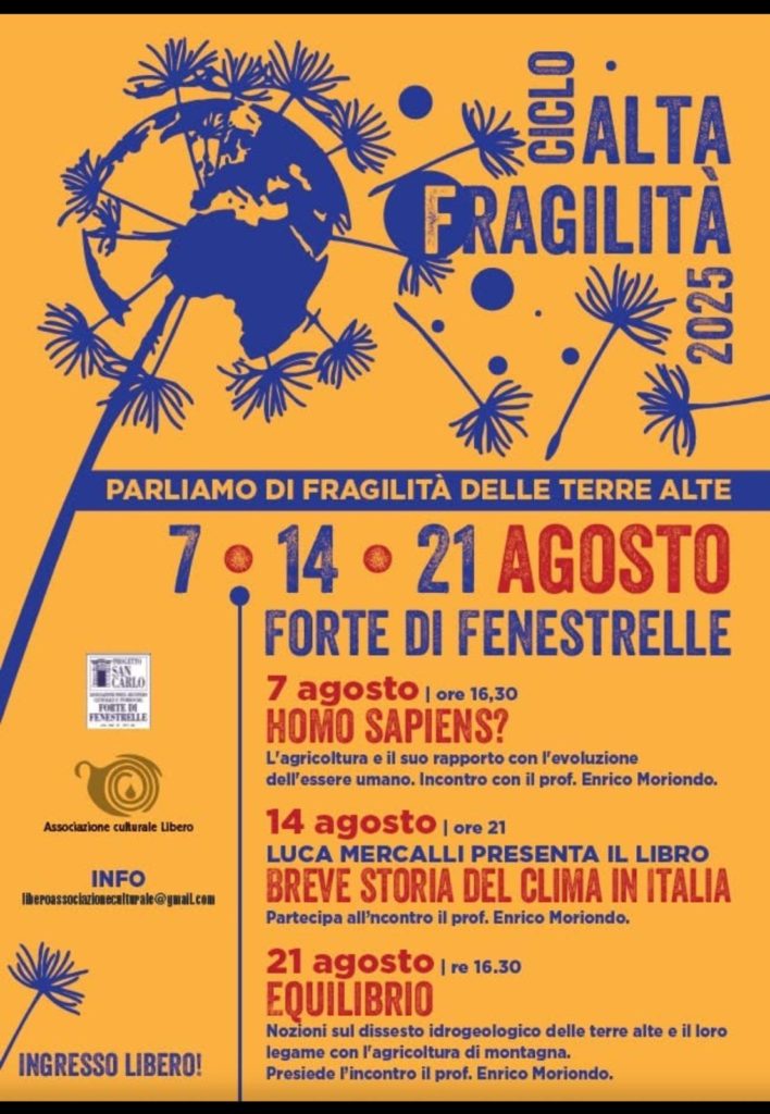 Giovedì 14 agosto interverrò alla passeggiata culturale nella borgata Vazon di Oulx (TO). Appuntamento alle ore 15 davanti alla chiesetta.
Nello stesso giorno alle ore 21 presenterò il mio ultimo libro "Breve storia del clima in Italia" al Forte di Fenestrelle (TO).