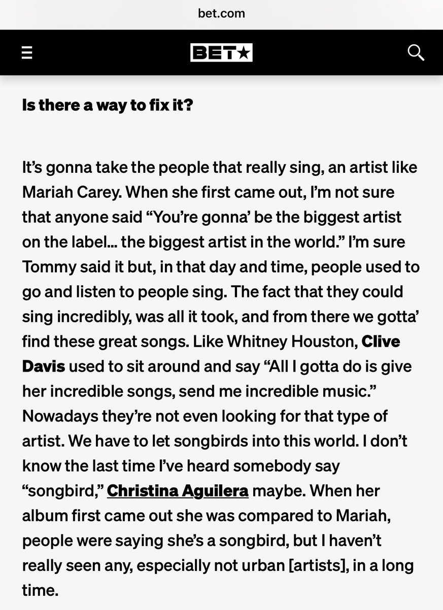 "We have to let songbirds into this world. Christina Aguilera <a href="/xtina/">Christina Aguilera</a> was maybe the last songbird." - <a href="/jermainedupri/">Jermaine Dupri</a> on <a href="/BET/">BET</a>. 
bet.com/article/m1e7ib…