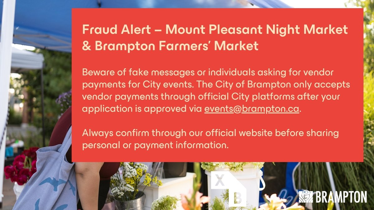 Experience Brampton (@exp_brampton) on Twitter photo Fraud Alert – Mount Pleasant Night Market & Brampton Farmers’ Market 🚨
Beware of fake messages or individuals asking for vendor payments for City events. The <a href="/CityBrampton/">City of Brampton</a> only accepts vendor payments through official City platforms after your application is approved via Fraud Alert – Mount Pleasant Night Market & Brampton Farmers’ Market 🚨
Beware of fake messages or individuals asking for vendor payments for City events. The <a href="/CityBrampton/">City of Brampton</a> only accepts vendor payments through official City platforms after your application is approved via