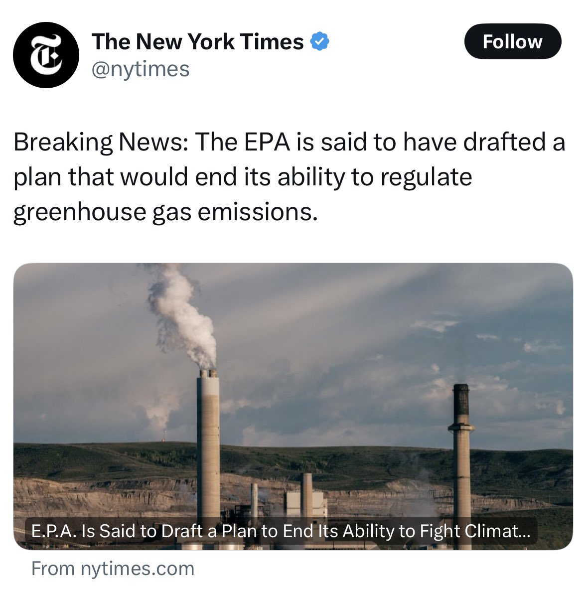About the NY Times’ use of that super scary “smokestack”:

OVER 99% of what you see coming out of that stack is water vapor…

WATER VAPOR!!!

Not to mention, the Trump EPA’s proposal to repeal the 2009 Endangerment Finding is about mobile sources (vehicles), not power plants.