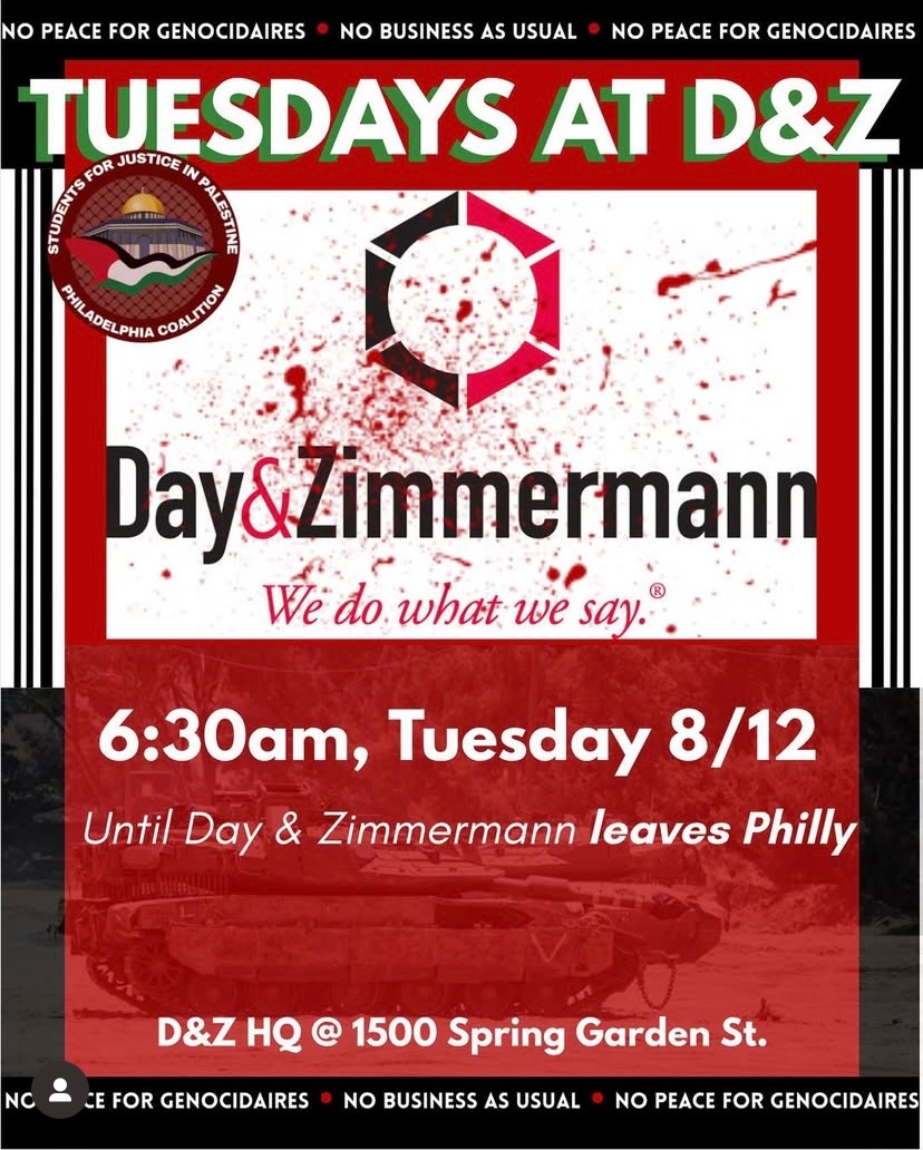 Every bomb and bullet and jet and tank and bulldozer is manufactured and transported by people. Day &amp; Zimmermann are manufacturing ammunition for genocide and they have offices here in Philadelphia. Come out every Tuesday at 6:30 am and Thursday at 4:30 pm