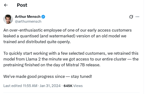 Michael Bommarito (@mjbommar) on Twitter photo reminder - the original mistral release was a continued pretrain of llama, less than 3 months after the founders left meta.  straight from arthur's x account: reminder - the original mistral release was a continued pretrain of llama, less than 3 months after the founders left meta.  straight from arthur's x account:
