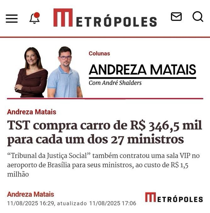marinahelenabr's tweet photo. Depois de contratar sala VIP de R$ 1,5 milhão em aeroporto, agora os ministros do Tribunal Superior do Trabalho gastam mais de 9 milhões em carrões de luxo. Tudo pra se proteger de nós, “pessoas inconvenientes” que pagamos essa conta. https://t.co/2x0tFN4KHJ