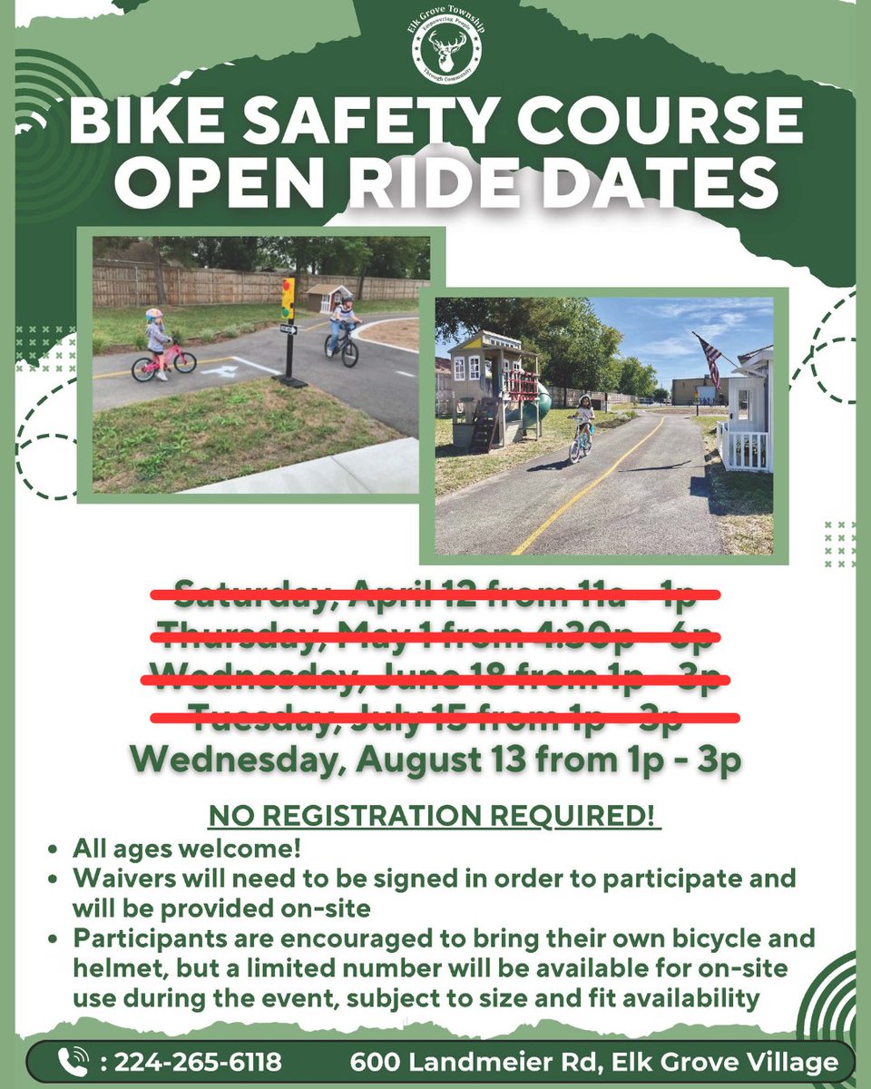 Join us Tuesday, Aug 13 at Elk Grove Township for a fun and educational afternoon on our Bicycle Safety Course!

🕛 12PM–1PM: Bike Safety Class (registration required)
🚴 1PM–3PM: Open Ride with the Elk Grove Village Police Bicycle Unit

We hope to see you there!