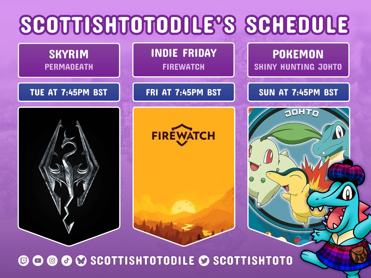 STREAM SCHEDULE

Due to plans on Wednesday, we're back tomorrow night with more of the Skyrim Permadeath Thanehood challenge!

Then on Friday; we begin Firewatch for 'Indie Friday' and finish out with the return of the Johto shiny hunt - see you then!