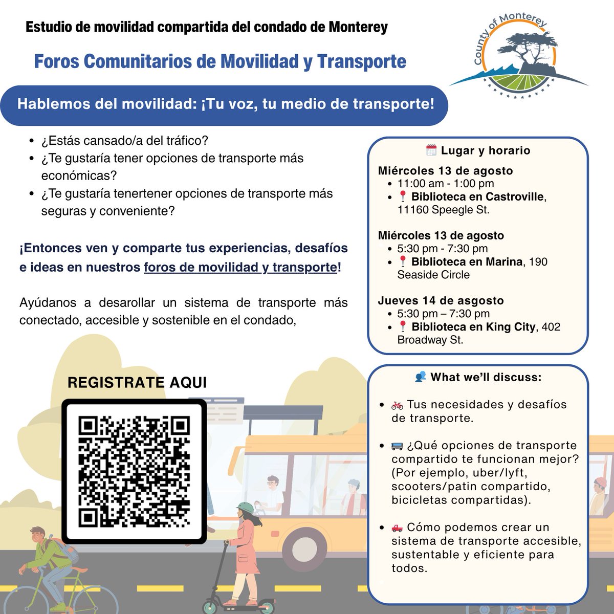 Tired of traffic congestion?
Let’s talk about transportation. 
Join us at one of our Mobility Forums this week. We're talking about how to make transportation more accessible, affordable, and sustainable for everyone. 
RSVP now at  forms.gle/5eZRouc2rAa8hr…  or scan the QR code