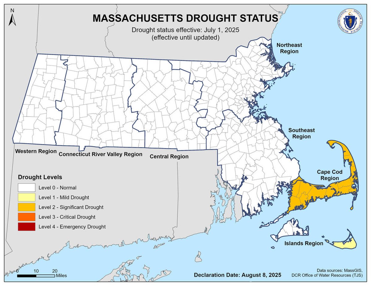 Drought Update! Unfortunately, drought conditions have worsened in the Cape Cod Region, which was upgraded to a "Level 2 - Significant Drought." 
For more information about the current drought status and how you can help, visit mass.gov/info-details/d…