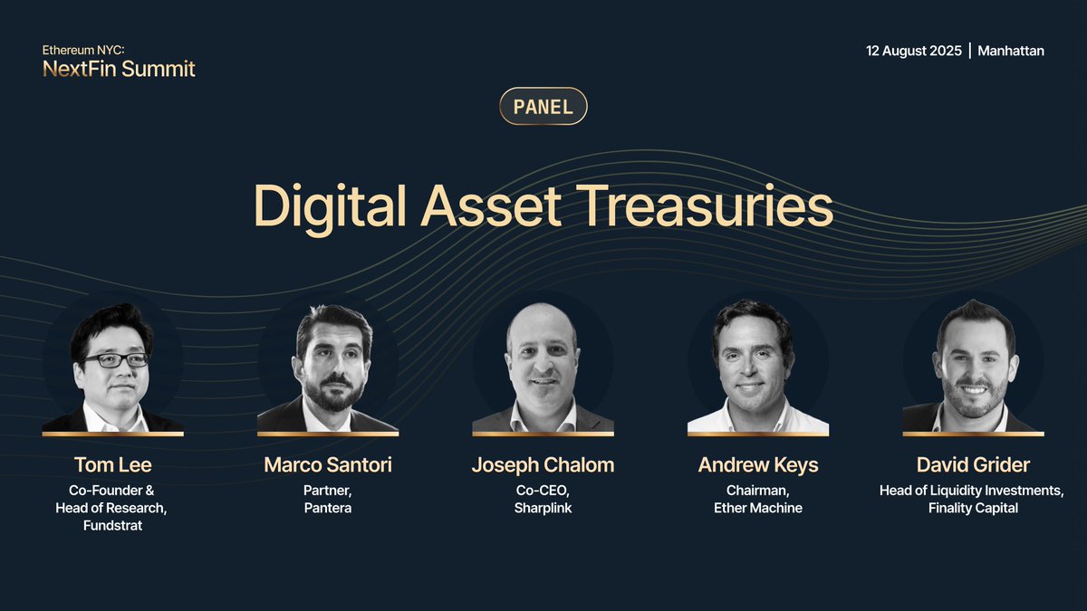 ethereum_NYC's tweet photo. Tom Lee, Marco Santori, Joseph Chalom, Andrew Keys, and David Grider examine digital asset treasuries in programmable finance. 

This panel reveals strategies for Ethereum-based treasury management. https://t.co/Be21oKXrK3
