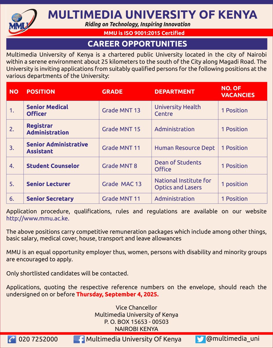 My Gov (@mygovke) on Twitter photo Multimedia University of Kenya is inviting applications from suitably qualified persons for various positions (6)
Application procedures and qualifications are available on mmu.ac.ke
Deadline: September 4, 2025
<a href="/multimedia_uni/">Multimedia University of Kenya</a> Multimedia University of Kenya is inviting applications from suitably qualified persons for various positions (6)
Application procedures and qualifications are available on mmu.ac.ke
Deadline: September 4, 2025
<a href="/multimedia_uni/">Multimedia University of Kenya</a>