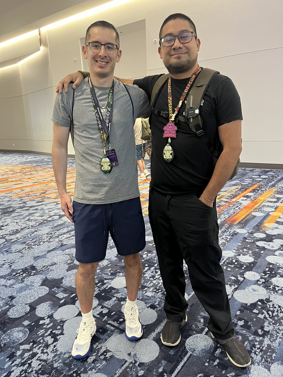 When I was in college, I did a ton of CTFs solo. One time I was stuck on a challenge and was browsing the net for help and found <a href="/hecky/">hecky</a> . We have since chat about hacking for years. 10 years later, we finally met in person as he gave his first in person DEFCON talk! Congrats!