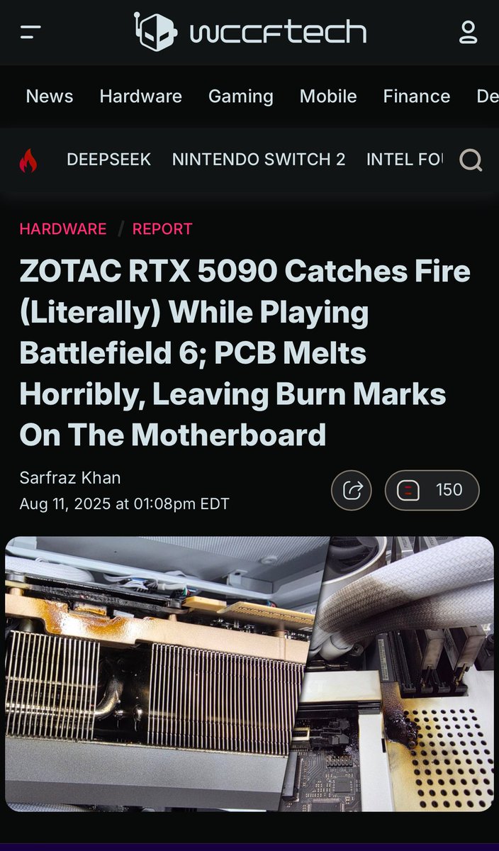 ZOTAC RTX 5090 Catches Fire (Literally) While Playing Battlefield 6; PCB Melts Horribly, Leaving Burn Marks On The Motherboard