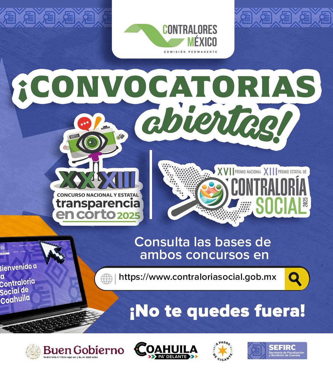 SEFIRCOAH (@sefirc_coah) on Twitter photo Quedan pocos días para que te inscribas a nuestros concursos "Transparencia en Corto 2025" y "Contraloría Social" ¡Participa!
#CoahuilaPaDelante
#APasosdeGigante <a href="/GobDeCoahuila/">Gobierno de Coahuila</a> Quedan pocos días para que te inscribas a nuestros concursos "Transparencia en Corto 2025" y "Contraloría Social" ¡Participa!
#CoahuilaPaDelante
#APasosdeGigante <a href="/GobDeCoahuila/">Gobierno de Coahuila</a>