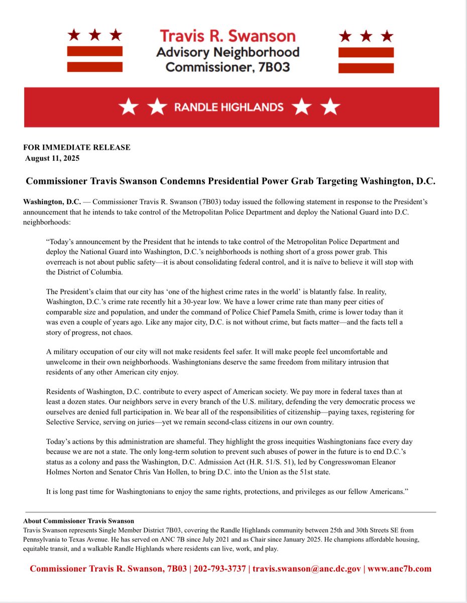 I generally don’t comment on federal policy in my official capacity as an ANC Commissioner—but today I can’t sit by as the President of the United States begins the unprecedented occupation of our city.

Read my full statement condemning this gross power grab.
