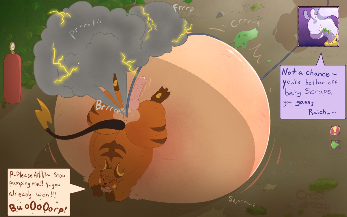 (CW: Gas, implied bursting)

A storm's a brewin' in that Raichu's belly... not too much longer now...

Pic for mypotatoskillz over discord!