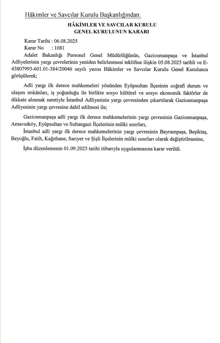 AvukatHG's tweet photo. 🔴HSK YARGI ÇEVRESİ BELİRLEME KARARI

Eyüpsultan GOP'a bağlandı,
İstanbul adli yargı çevresi yeniden belirlendi.

Hakimler ve Savcılar Kurulunun,
📌Eyüpsultan ilçesinin İstanbul Adliyesinin yargı çevresinden çıkartılarak,
📌Gaziosmanpaşa Adliyesinin yargı çevresine dahil edilmesi ile;
📌Gaziosmanpaşa adli yargı ilk derece mahkemelerinin yargı çevresinin Gaziosmanpaşa, Aravutköy, Eyüpsultan ve Sultangazi ilçelerinin mülki sınırları,
📌İstanbul adli yargı ilk derece mahkemelerinin yargı çevresinin Bayrampaşa, Beşiktaş, Beyoğlu, Fatih, Kağıthane, Sarıyer ve Şişli ilçelerinin mülki sınırları olarak değiştirilmesi kararı bugünkü Resmi Gazete'de yayımlandı.