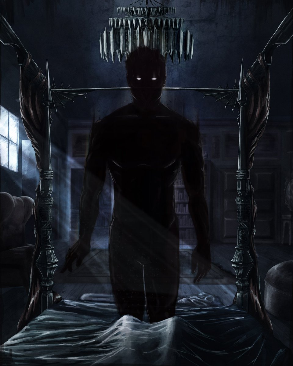 APeculiarHuman's tweet photo. You ever wake up in the middle the night in your cool moody gothic bedroom, and look up to see a hunky ghost silhouette looming over you in a spooky yet alluring manner? Well this is what that looks like! Based off a bit from Vesselless by Courtney Winn https://t.co/tLefGO4e7A
