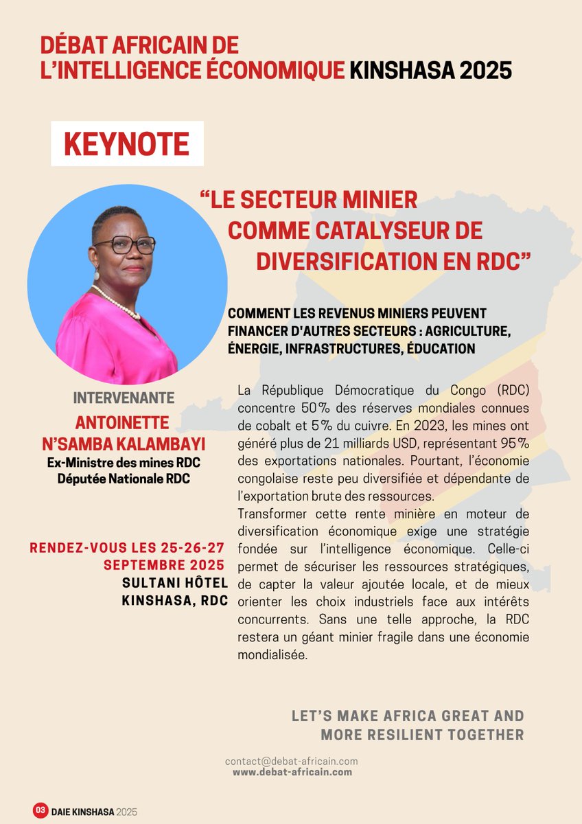 ✨ L'Institut Africain de la Réflexion Stratégique organise la 4ème édition du Débat Africain de l'Intelligence Economique.

Les 25 et 26 septembre 2025 à Kinshasa en RDC, participation d'Antoinette N'SAMBA KALAMBAYI

✍️Inscription : lnkd.in/e9b8sDE5 

#AfriqueStratégique