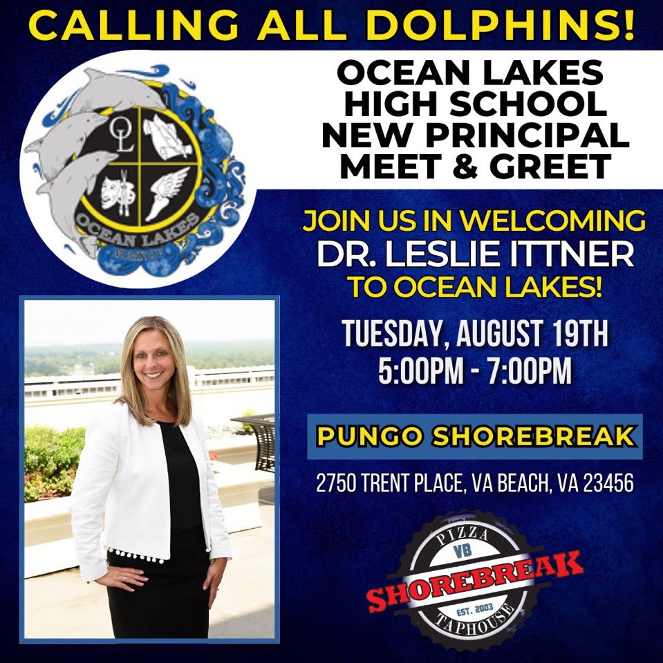 Dolphin Families🐬, it’s “Pizza with The Principal” Night!! 🍕 🍕 Join us Tuesday, 8/19 at Shorebreak Pizza in Pungo 5-7PM. Come out and meet our new principal Dr. Ittner and enjoy some pizza! #OceanStrong #CommunityLove 💛💙