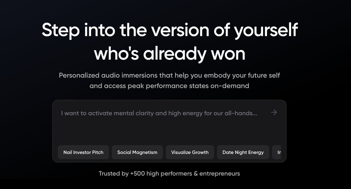 updated Orbie landing page based on feedback &amp; usage

- practice being your future self daily via 1-2 minute audio immersions

- type in any goal or scenario, get a custom audio immersion instantly

- added social magnetism &amp; date night energy tabs