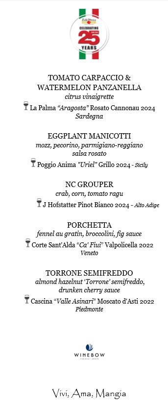 corbettmonica's tweet photo. Menu just dropped for our 25th Anniversary Wine Dinner this Wednesday, August 13th at 6:30PM. Join us as we celebrate a quarter century of service with our friends at Winebow and Sommelier Matt Weiss! https://t.co/AsZdtUvEkN