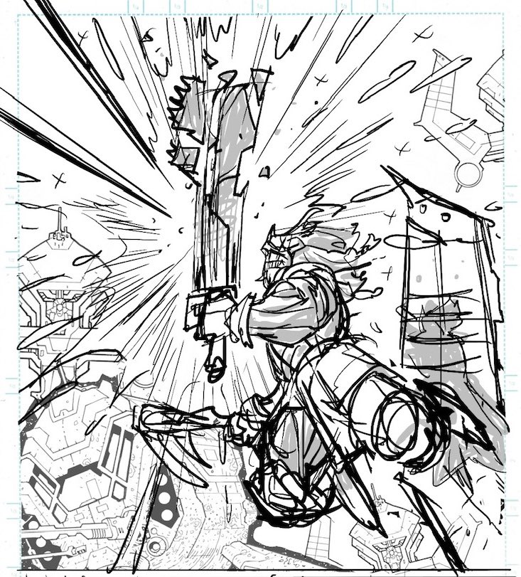 BATTLE BEAST panel process. Let’s start with the final and peel off the layers. Amazing colors by Annalisa Leoni. next slides are my digital layout, which I print off in a light blue. This stage I’m finding composition, structure etc, on the print out I pencil and add detail, I