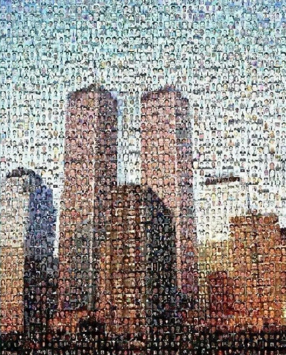 fasc1nate's tweet photo. A depiction of the Twin Towers in New York City crafted using the visages of the 9/11 attack victims associated with the towers. https://t.co/ICXfAG0twG