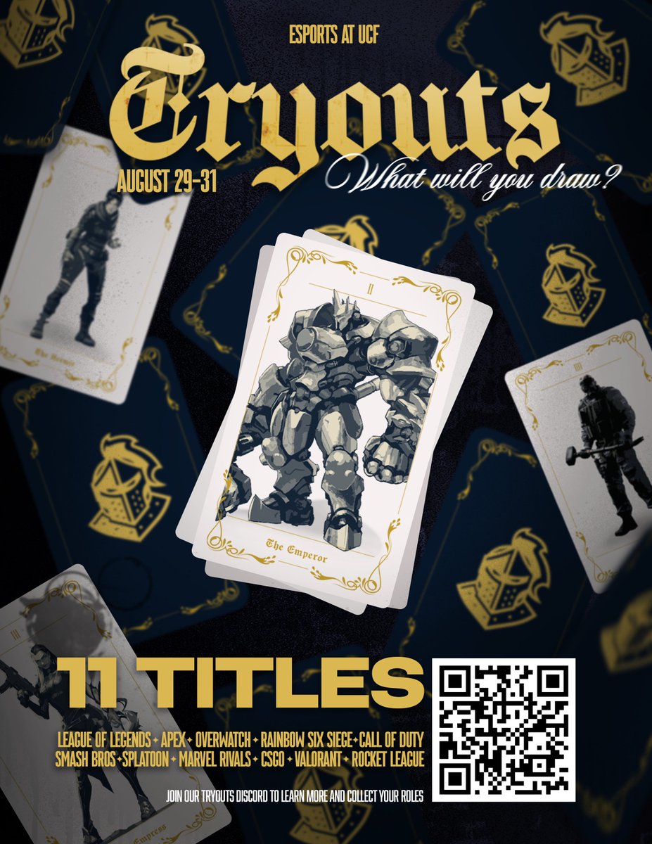 🔮 What card will you draw?✨
  
Esports at UCF Tryouts are here!  
Tryout for our different 11 Titles   

📅 August 29th-31st 
 
📍UCF Esports Tryouts Server  
🔗discord.gg/t8PTk5fVBs

Any question? DM us on Instagram or X , or join our main server and ask for help!