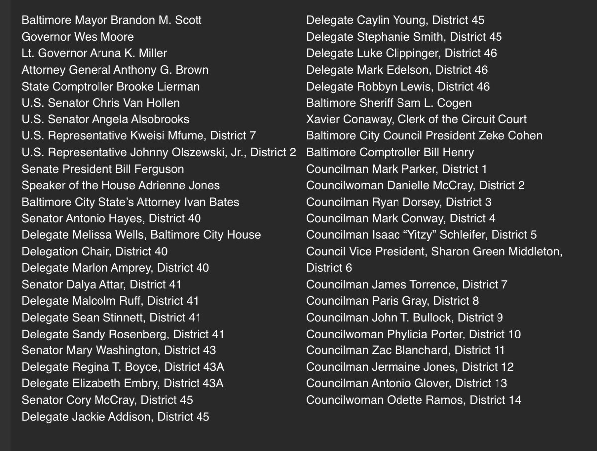 Jeff Morgan (@jeffmorgantv) on Twitter photo A very long list of politicians that represent Baltimore in some capacity release a statement opposing President Trump's mention of Baltimore in his press conference today. <a href="/WMAR2News/">WMAR-2 News</a> A very long list of politicians that represent Baltimore in some capacity release a statement opposing President Trump's mention of Baltimore in his press conference today. <a href="/WMAR2News/">WMAR-2 News</a>