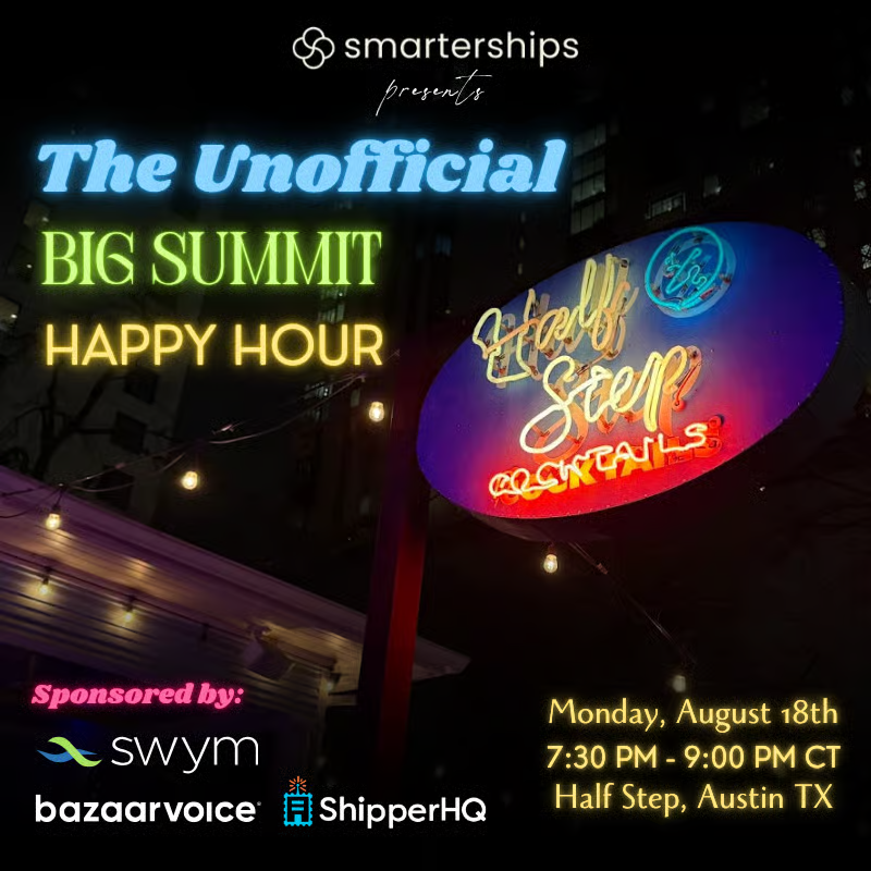BigSummit is almost here, and so is your Austin night out. 🏙️

After Day 1, join <a href="/ShipperHQ/">ShipperHQ</a>, <a href="/swymit/">Swym</a> and <a href="/Bazaarvoice/">Bazaarvoice</a> at Half Step for good drinks, new connections, and real #eCommerce convos you won’t get anywhere else. 🍻🎶

📍 Aug 18 | Half Step

👉 hubs.li/Q03C7f600