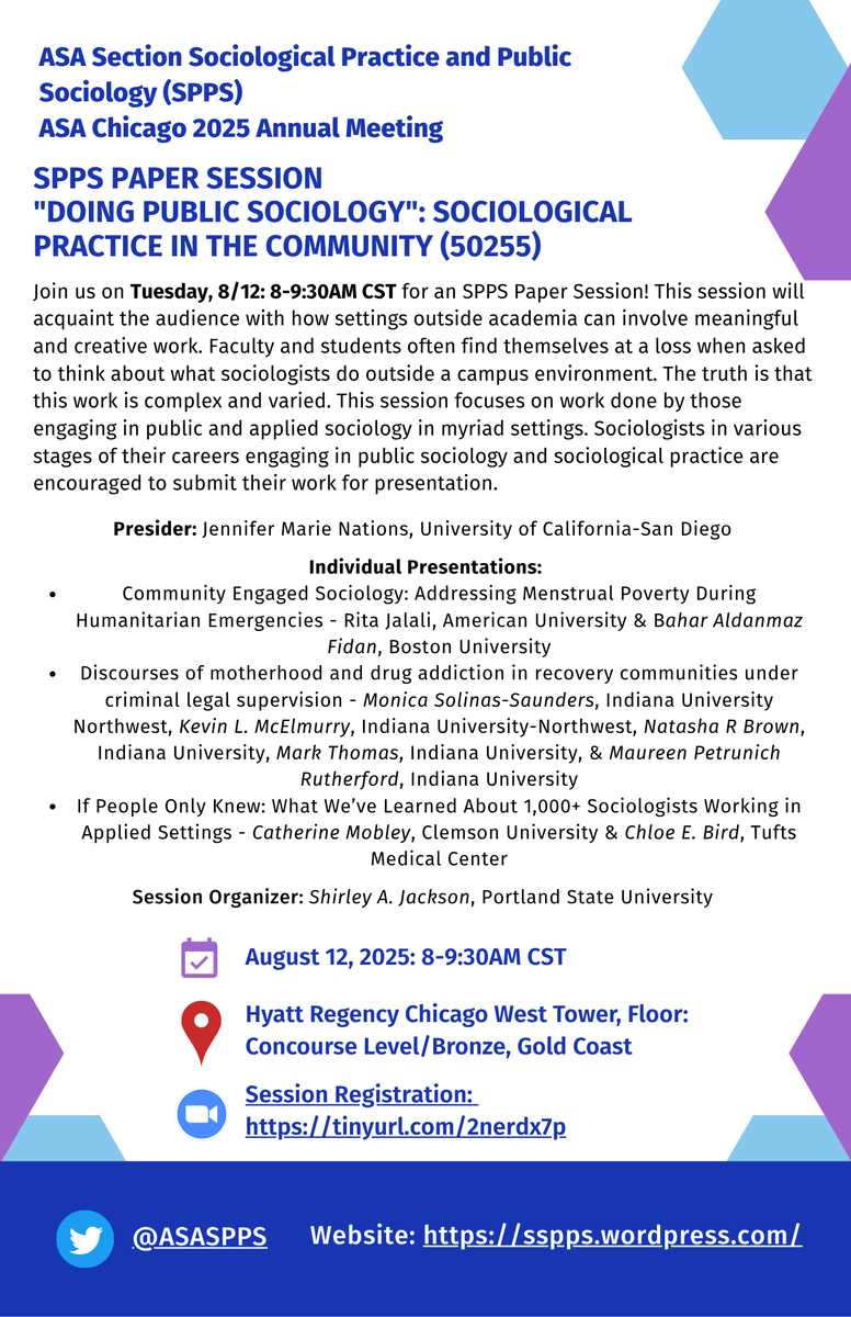 ASASPPS's tweet image. 1. Join #ASASPPS tomorrow morning, Tues, 8/12: 8-9:30AM for paper session:  “Doing Public Sociology”: Sociological Practice in the Community (50255) in West Tower, Hyatt Regency Chicago, Floor: Concourse Level/Bronze, Gold Coast.

Register for Zoom info: tinyurl.com/2nerdx7p